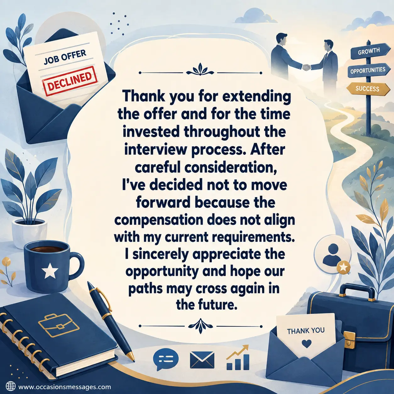 Professional illustrated social media quote image showing a respectful job offer rejection because the salary does not meet expectations, with office-themed vector elements and a clearly displayed career message.