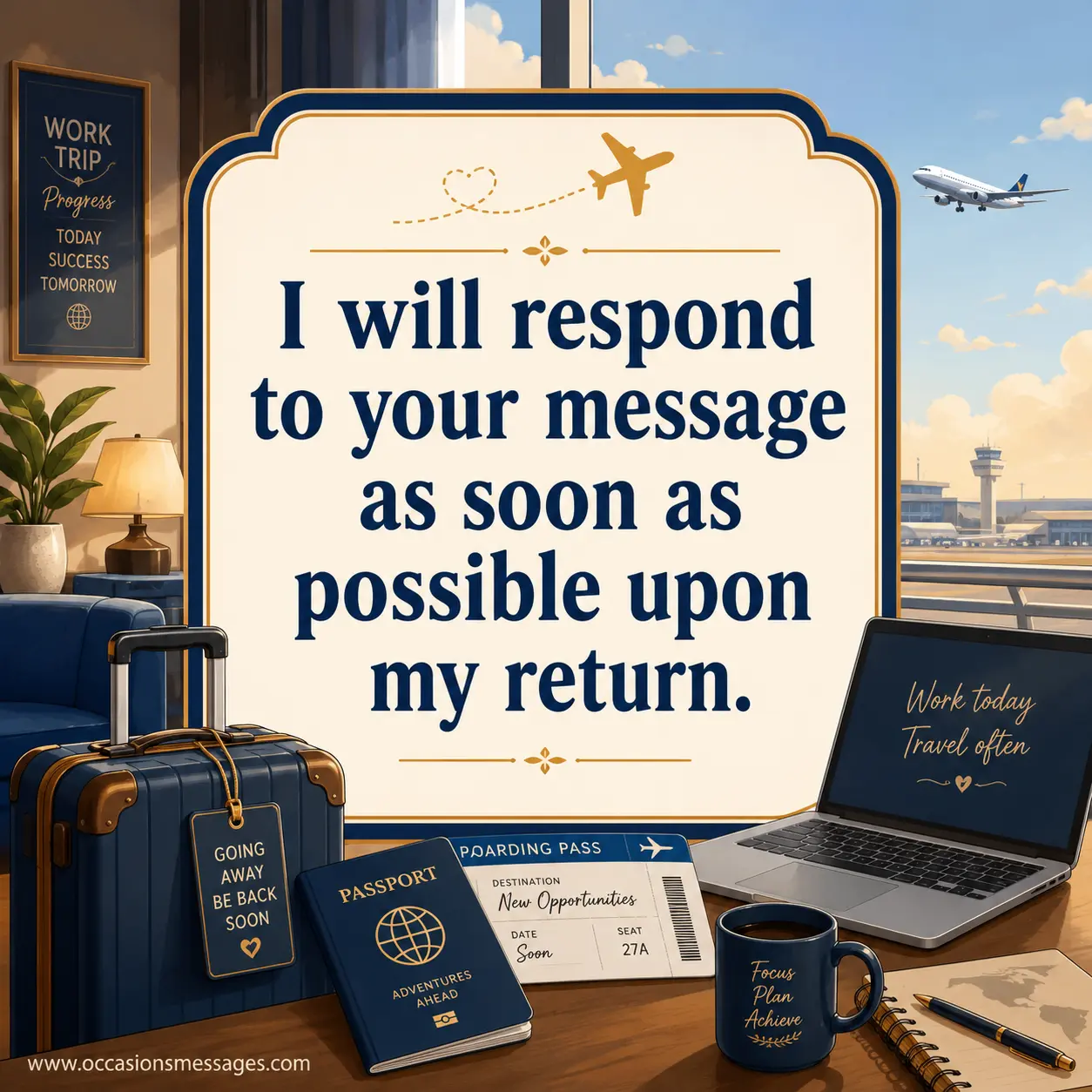 Stylized travel-themed quote image showing an airport lounge with luggage, laptop, and travel essentials, featuring an out-of-office return message about responding as soon as possible after returning from a work trip.