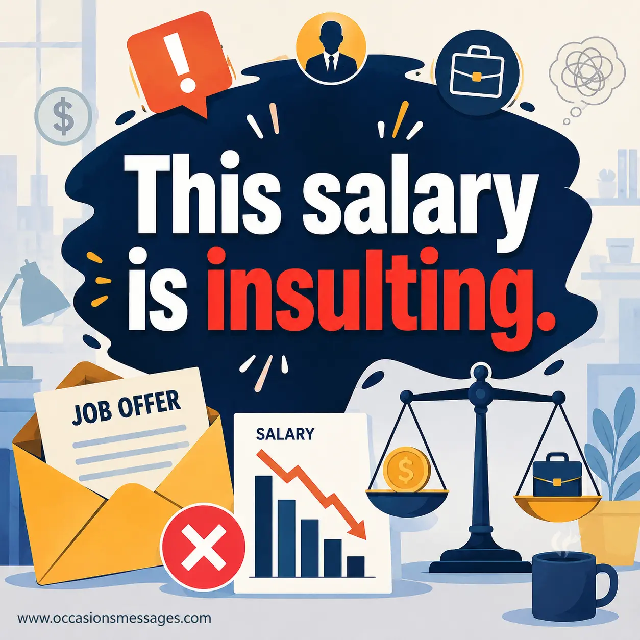 Modern illustrated quote image about rejecting an unfair salary offer, featuring symbolic workplace graphics and the quote "This salary is insulting." in bold centered typography.