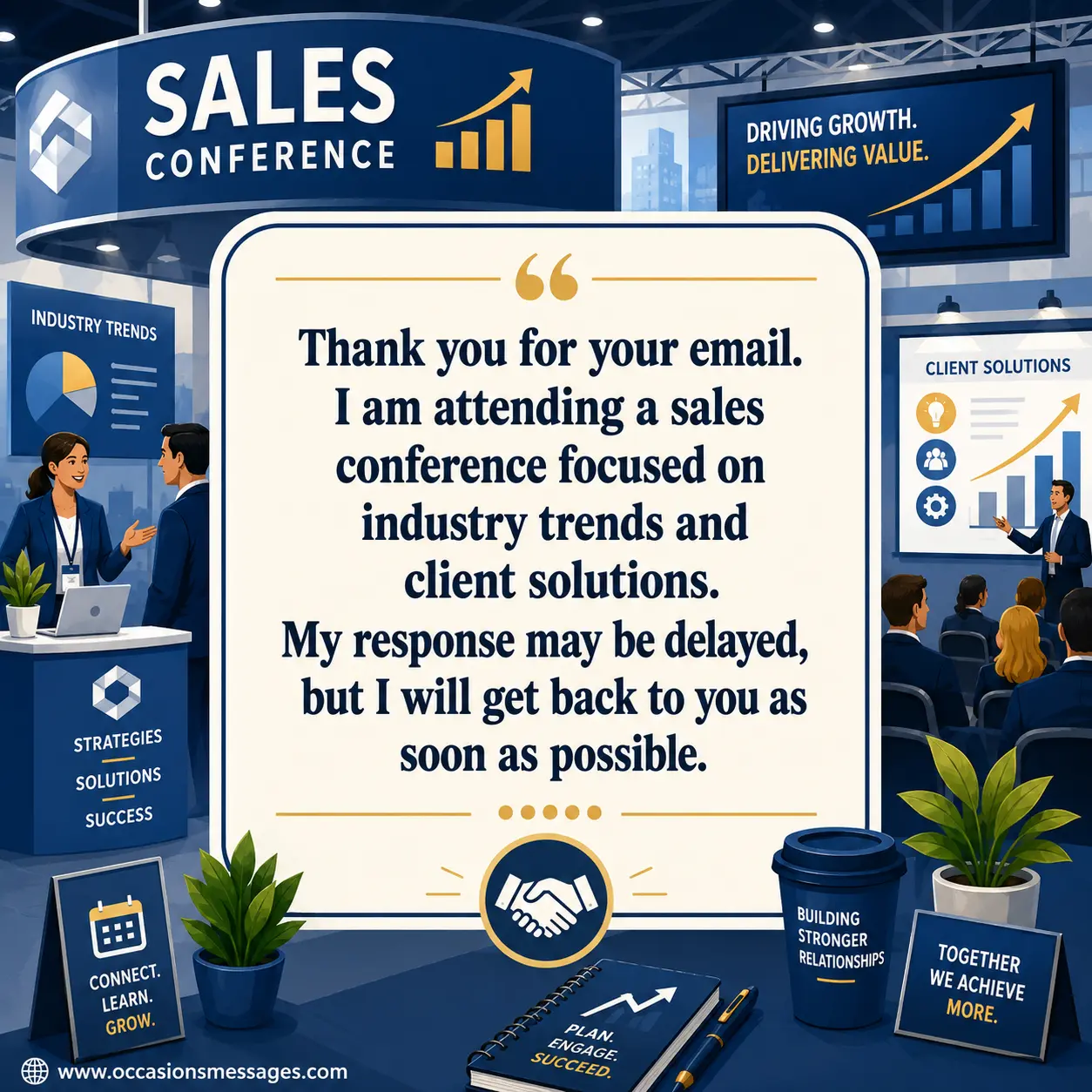 Sales conference out-of-office message illustration featuring presentation screens, charts, and client-focused business visuals, conveying delayed responses while attending an industry trends and solutions event.