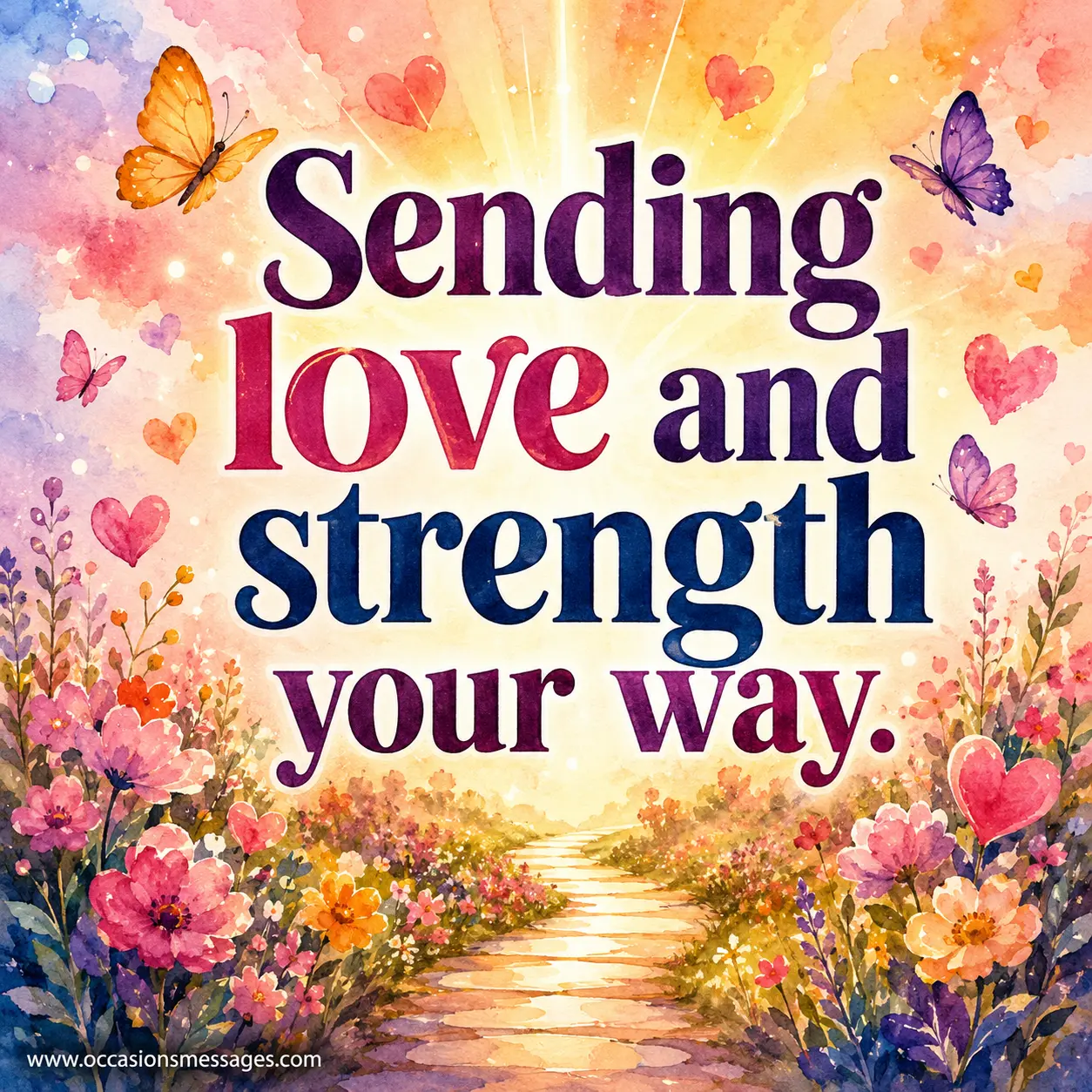 Watercolor-style encouragement quote graphic with a hopeful pathway, blooming flowers, and uplifting symbols conveying love, strength, and emotional support during a family health challenge.