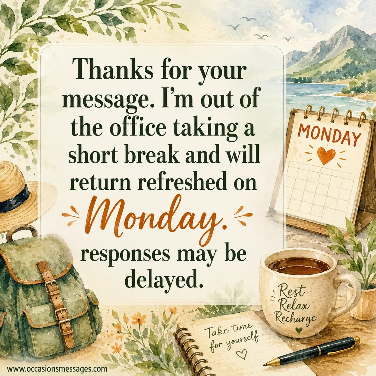 Watercolor-inspired quote graphic with a highlighted Monday calendar symbolizing a short office break and delayed responses until returning refreshed.