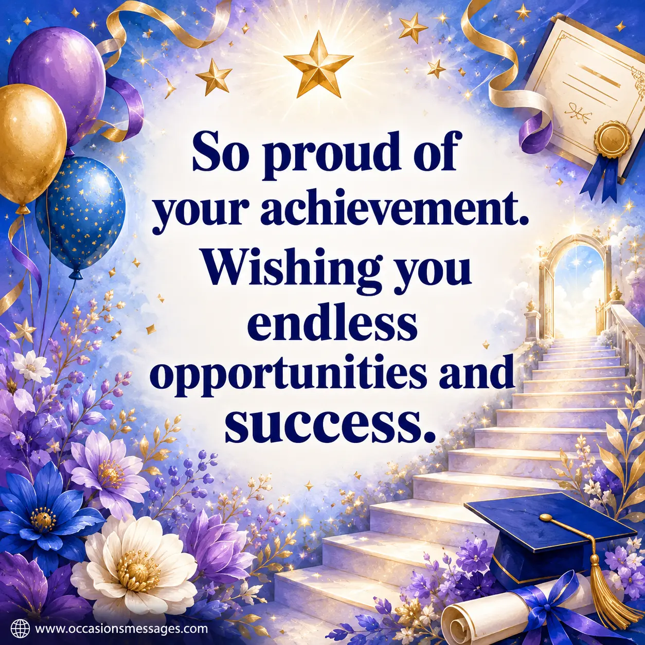 Soft illustrated career achievement scene with symbolic steps to success, stars, and celebration elements representing pride, opportunity, and best wishes for a new job.