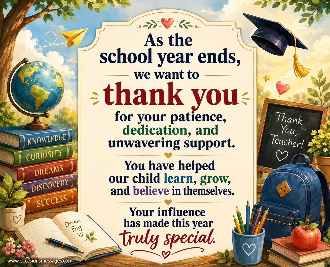 Elegant school year appreciation illustration celebrating a teacher's support, encouragement, and impact on student learning and personal development.