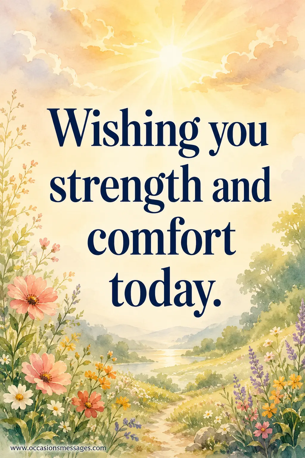 Stylized watercolor illustration with peaceful flowers and warm sunlight featuring an encouraging quote wishing someone strength and comfort during illness.