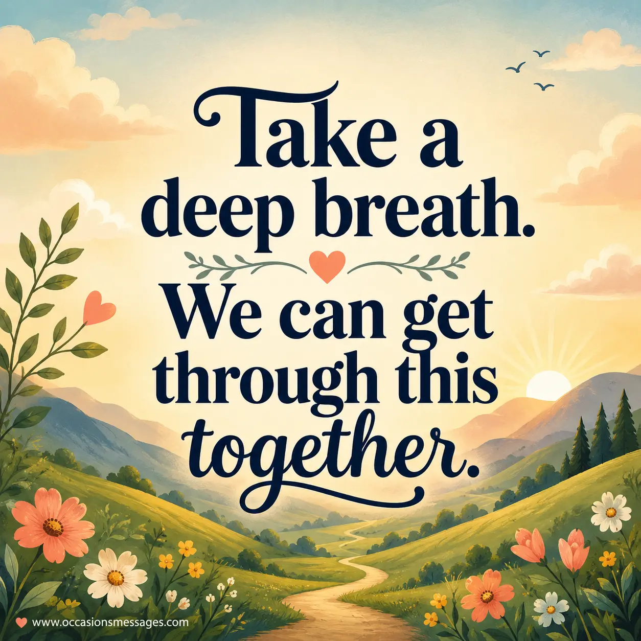Inspirational illustrated landscape featuring a supportive encouragement quote about facing challenges together and finding strength through companionship.