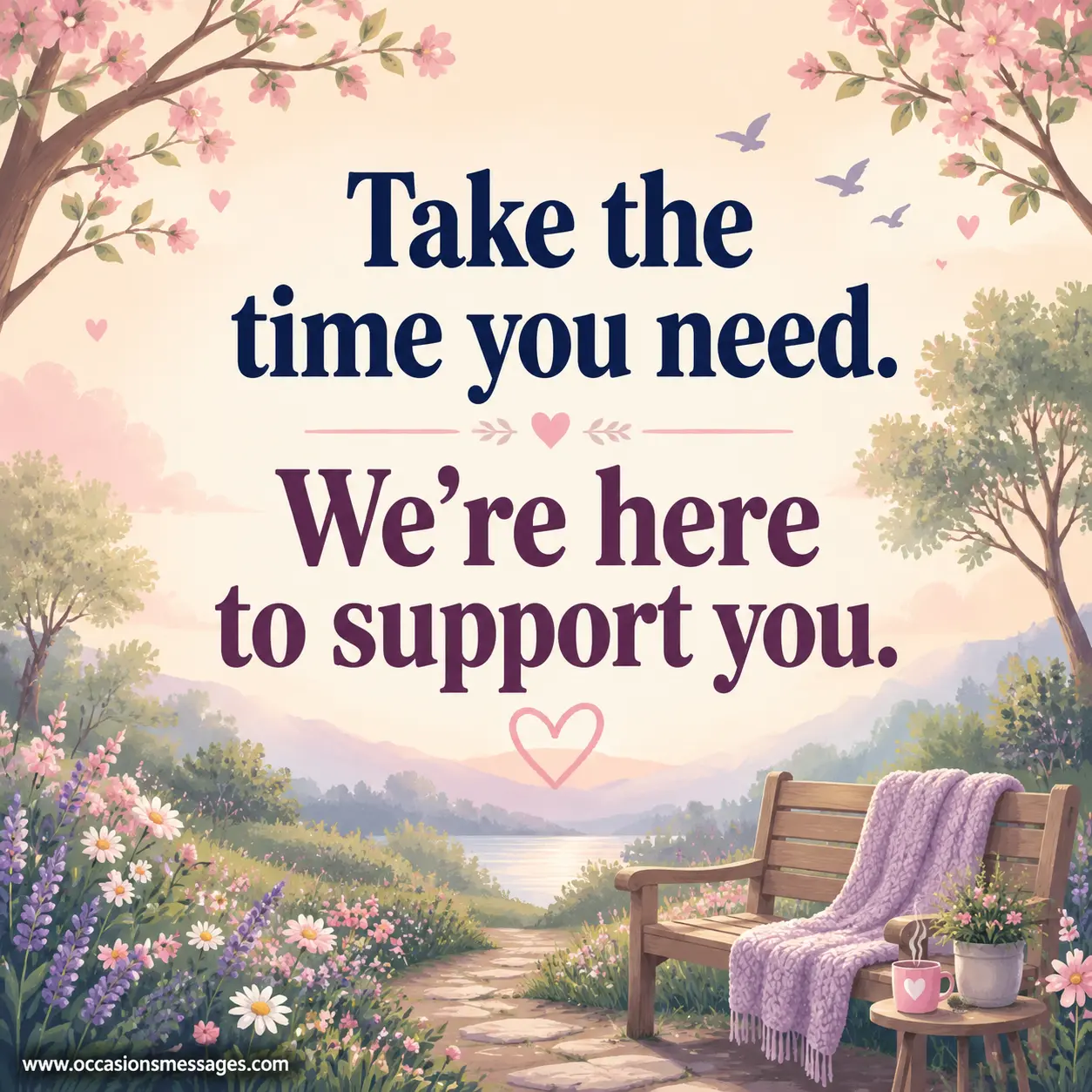 Peaceful pastel nature illustration conveying patience, healing, and encouragement through a supportive quote about taking needed time.