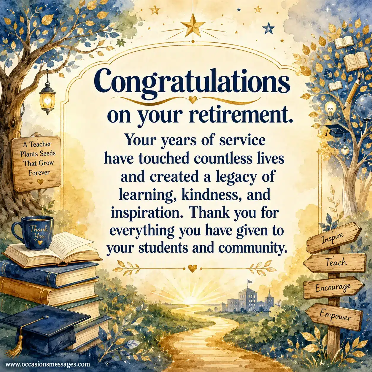 Artistic retirement tribute illustration honoring a teacher's lifelong service, educational legacy, kindness, inspiration, and contribution to students and community.