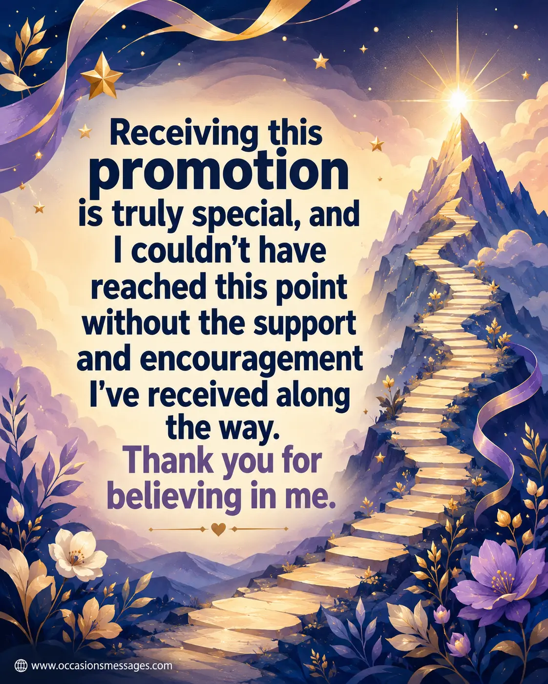 Artistic digital painting of a symbolic mountain journey celebrating a promotion while expressing heartfelt gratitude for encouragement, support, and belief from others.