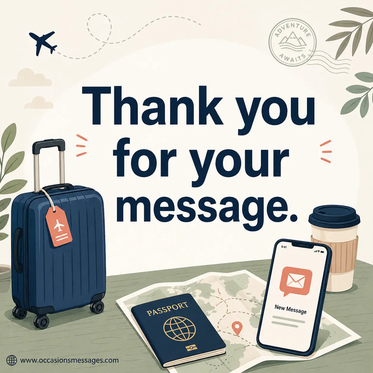 Minimal illustrated business travel quote card with suitcase, phone notification, and passport details, highlighting a simple thank-you out-of-office message for professional travel auto replies.