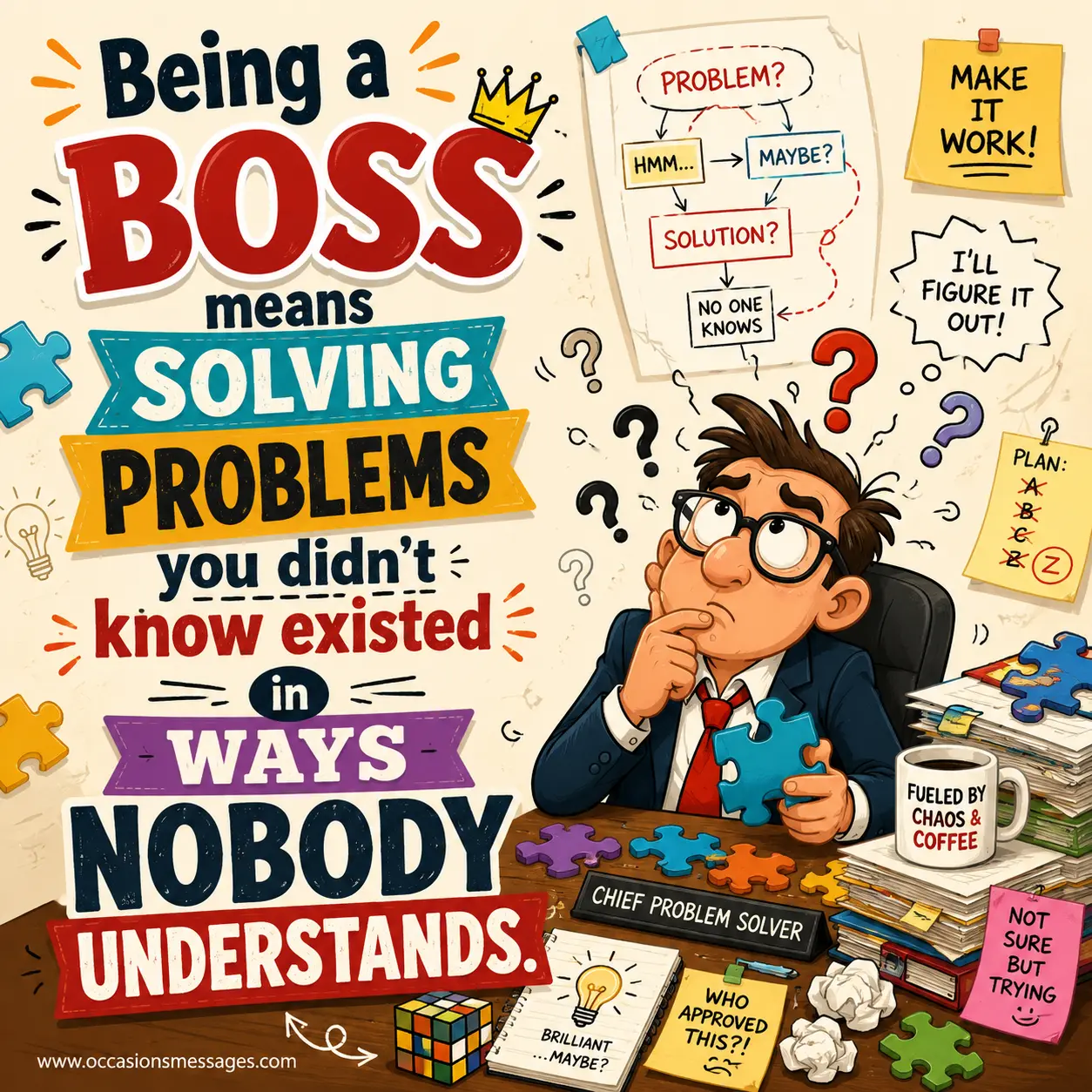 Playful problem-solving workplace illustration with puzzles and office symbols reflecting the humorous challenges of being a boss.