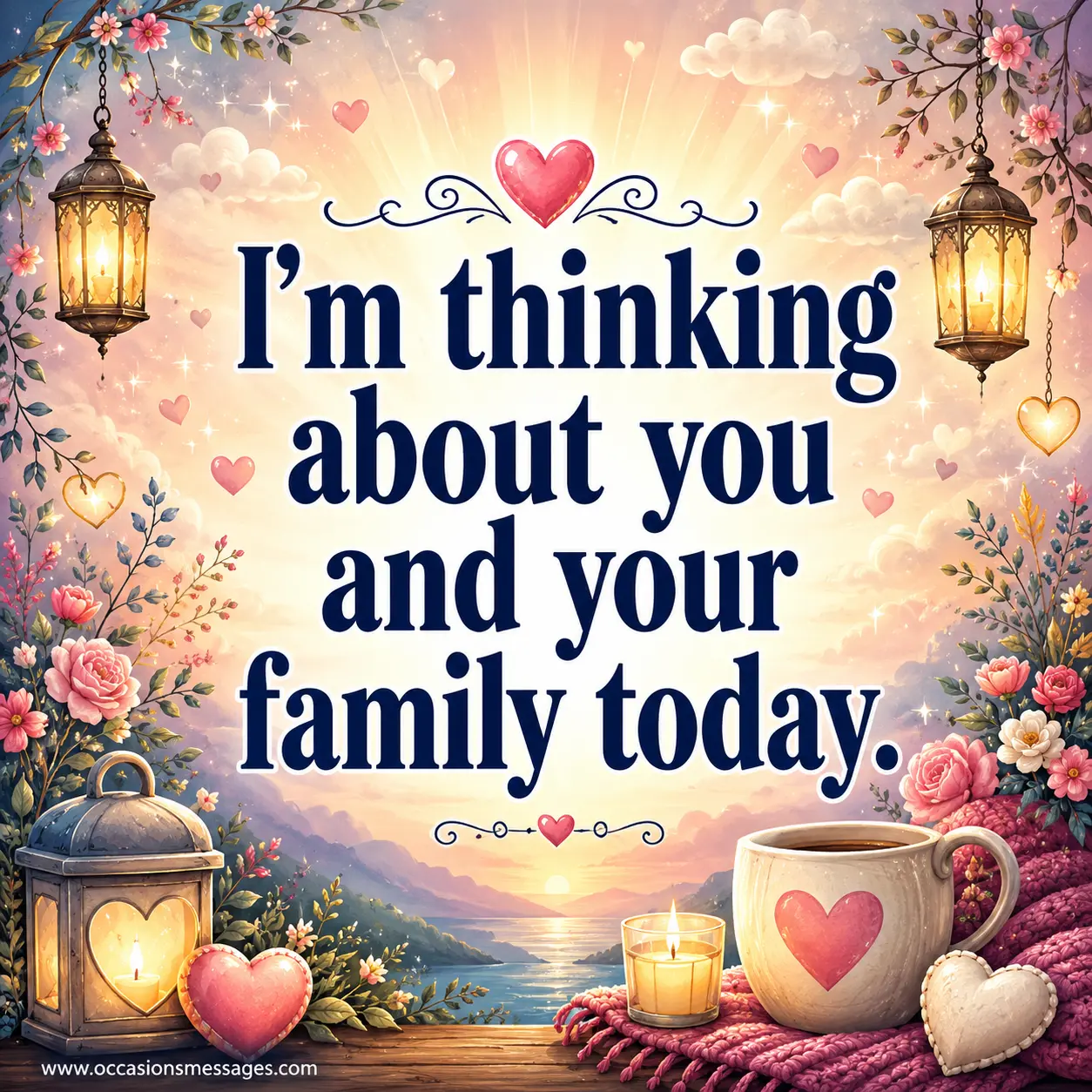 Inspirational illustrated quote image featuring hearts, flowers, glowing lights, and comforting elements expressing support for a friend with a sick parent and reminding them they are being thought of.