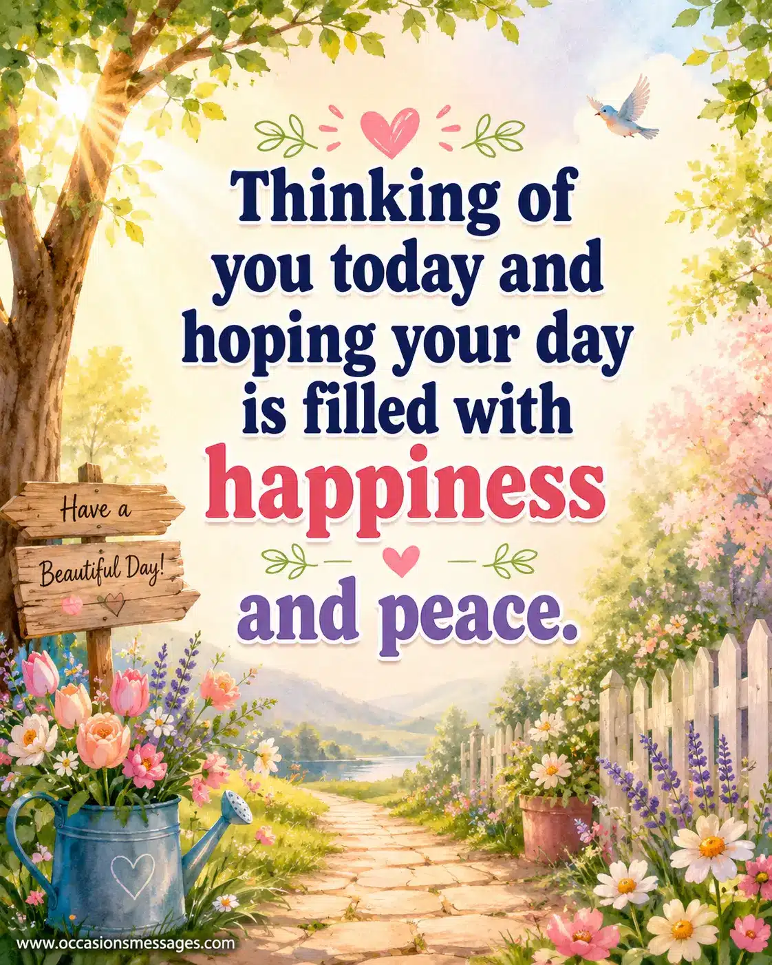 A peaceful morning scene with sunlight filtering through trees and flowers, symbolizing happiness and serenity, with the quote about thinking of someone and wishing them peace.