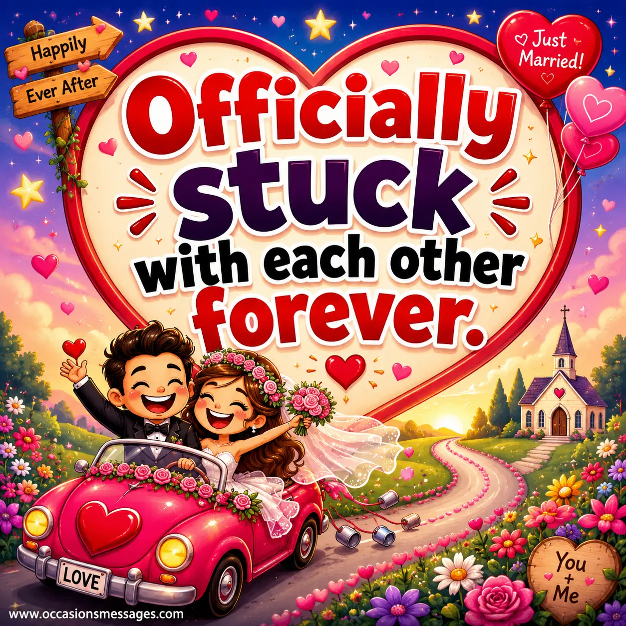 Playful cartoon wedding-themed illustration showing a joyful lifelong partnership, celebrating commitment, companionship, and lasting love with humor.