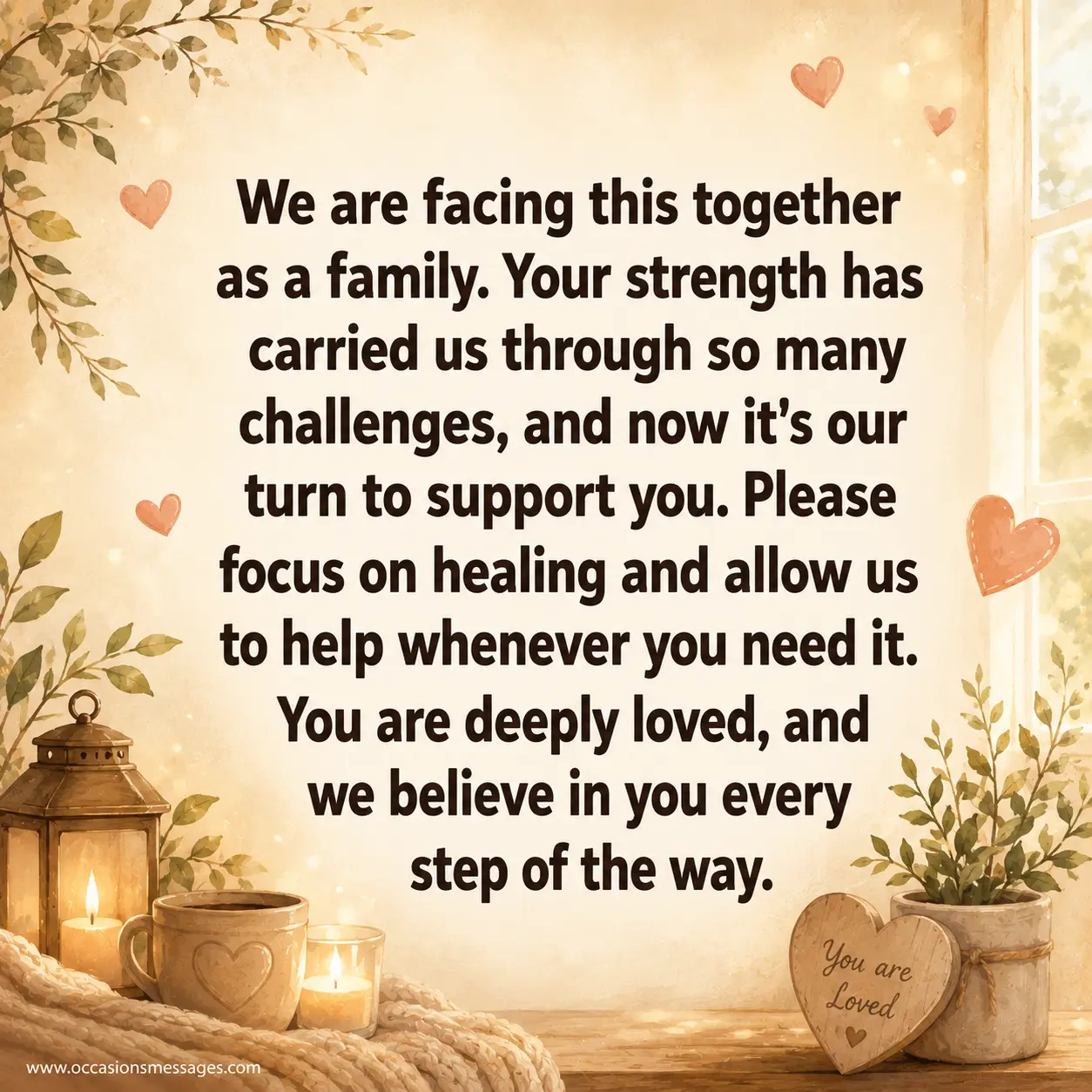 Soft illustrated family support scene expressing love, encouragement, and togetherness with a heartfelt recovery quote for someone facing illness.