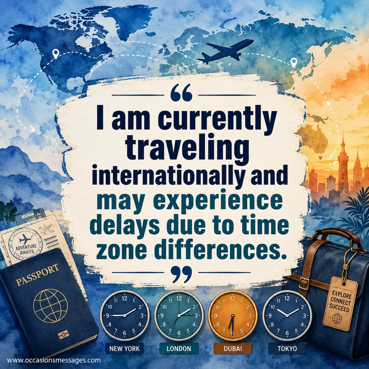 Global business travel illustration with world map, airplane route, clocks, and passport, featuring an out-of-office quote about international travel delays caused by time zone differences.