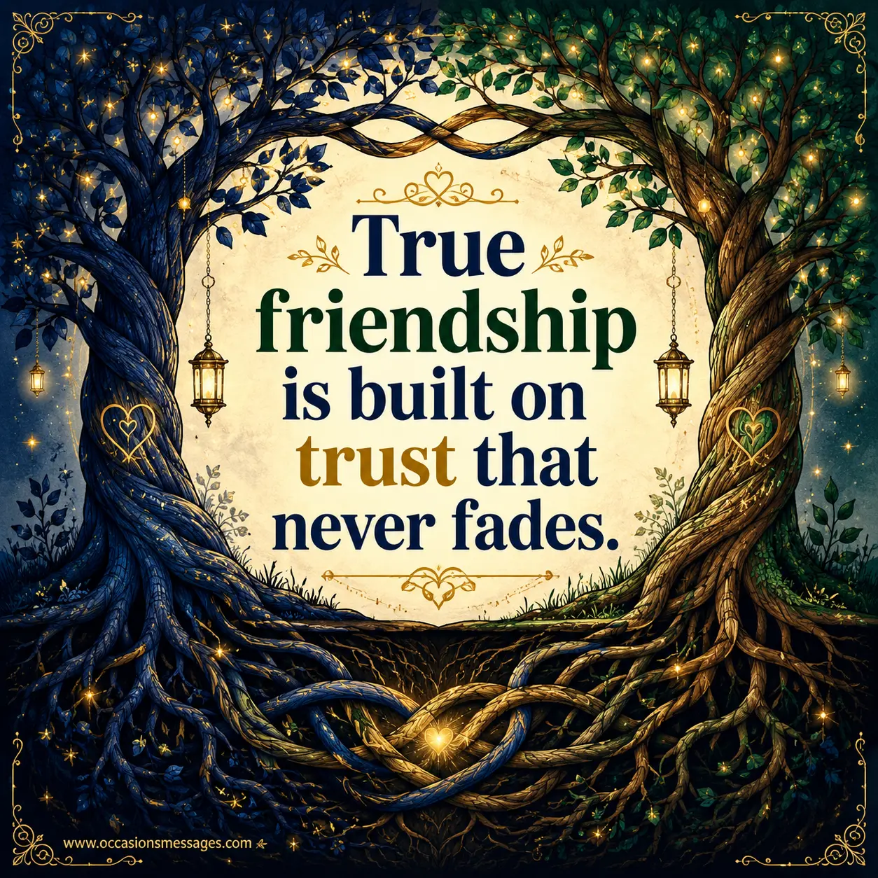 Artistic illustration of connected trees symbolizing trust, loyalty, and enduring friendship, paired with an inspirational quote about lasting bonds.