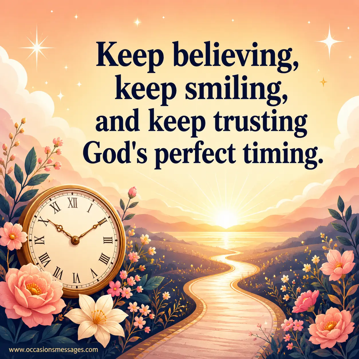 Minimal inspirational illustration with a symbolic clock and flowers reflecting faith, patience, hope, and trust in God's perfect timing.