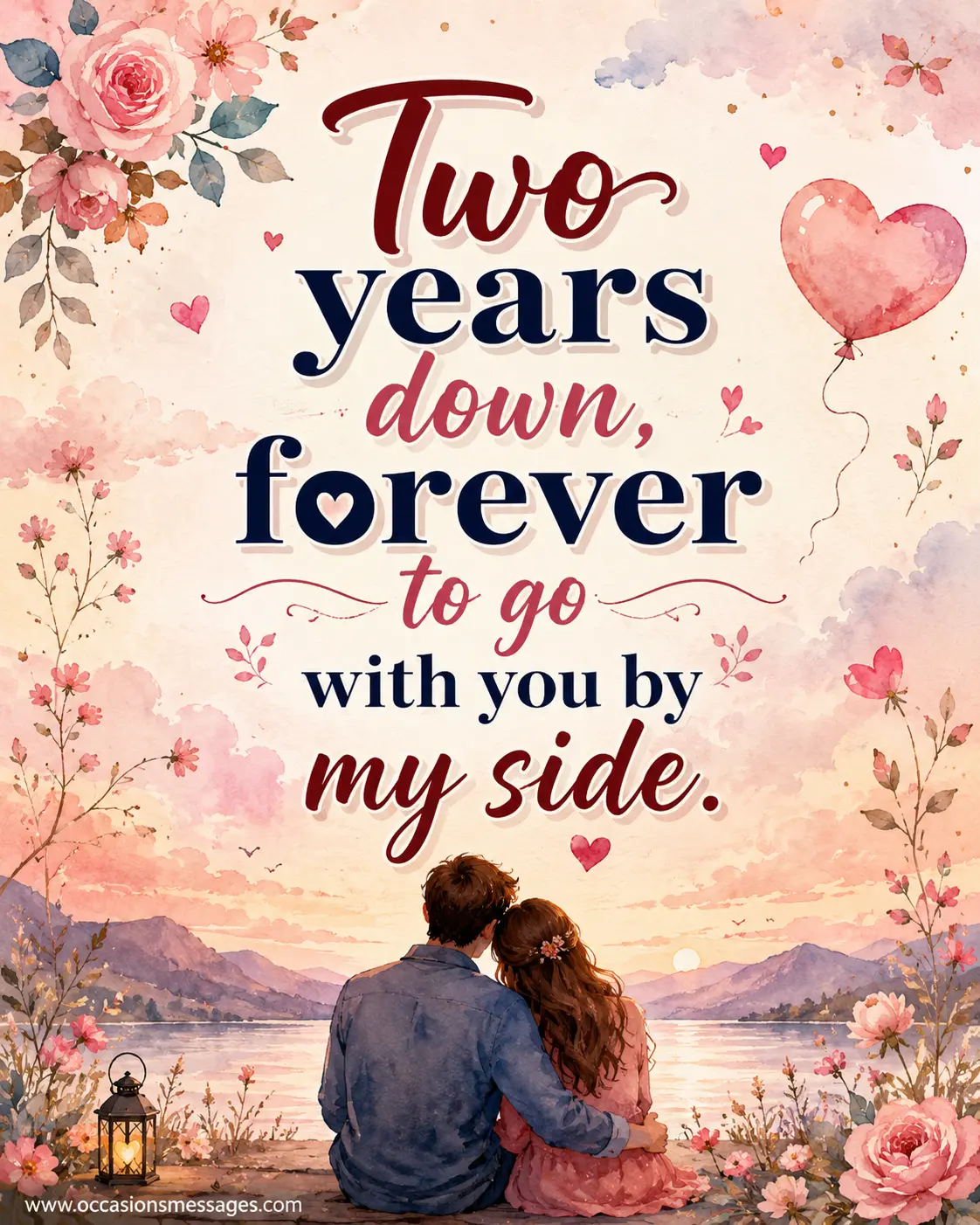 Romantic watercolor anniversary illustration featuring a heartfelt two-year wedding anniversary quote about spending forever together and celebrating lasting love.