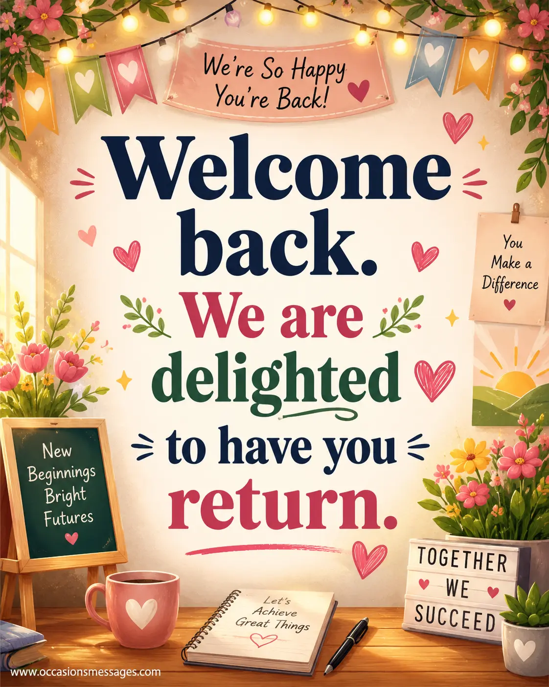 Inspirational illustrated welcome back to work quote image with warm flowers, glowing decorations, and encouraging workplace atmosphere celebrating a colleague's return after sick leave.