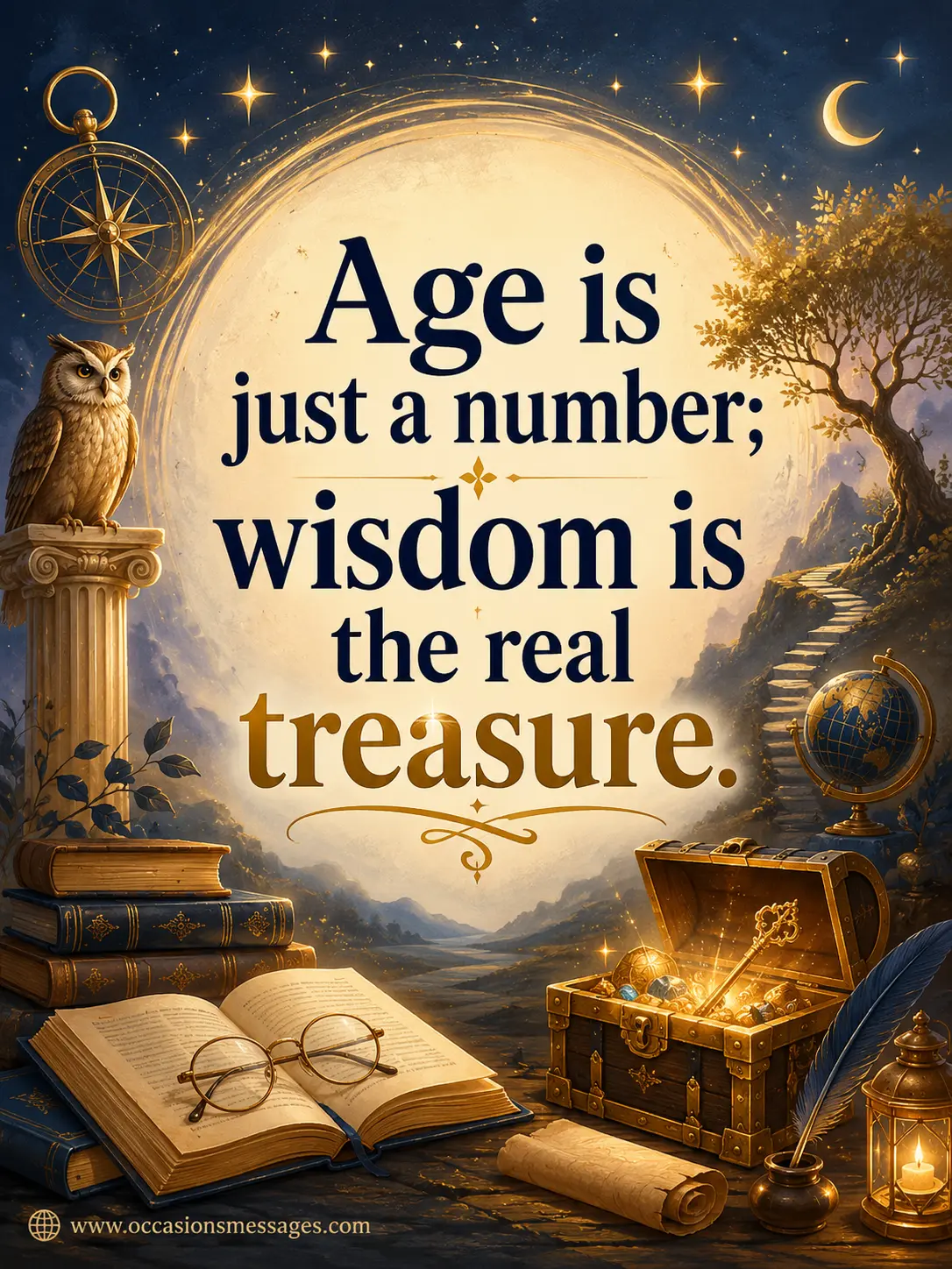 Inspirational artistic illustration with symbolic treasure and wisdom elements emphasizing that age is only a number and wisdom is life's greatest gift.