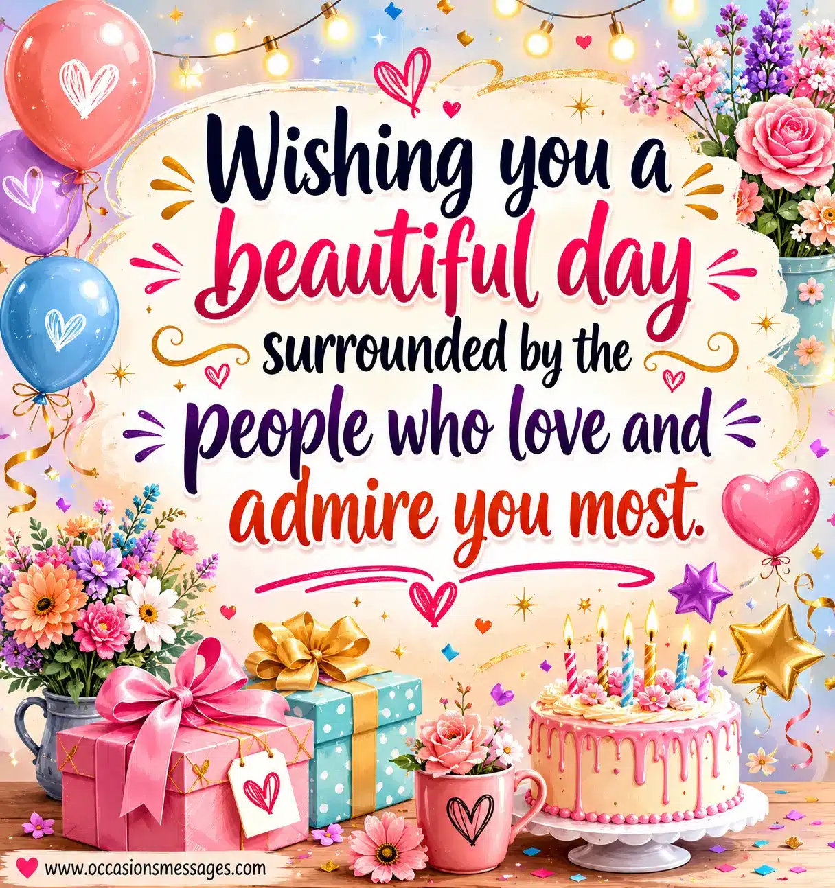Festive birthday quote design featuring balloons, gifts, flowers, and joyful celebration surrounded by love and admiration.