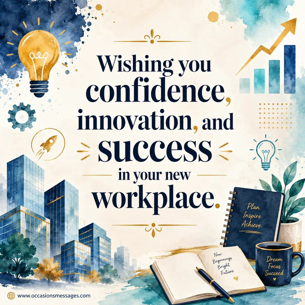 Elegant watercolor-inspired workplace illustration with innovation symbols supporting an uplifting quote wishing confidence, creativity, and career success.