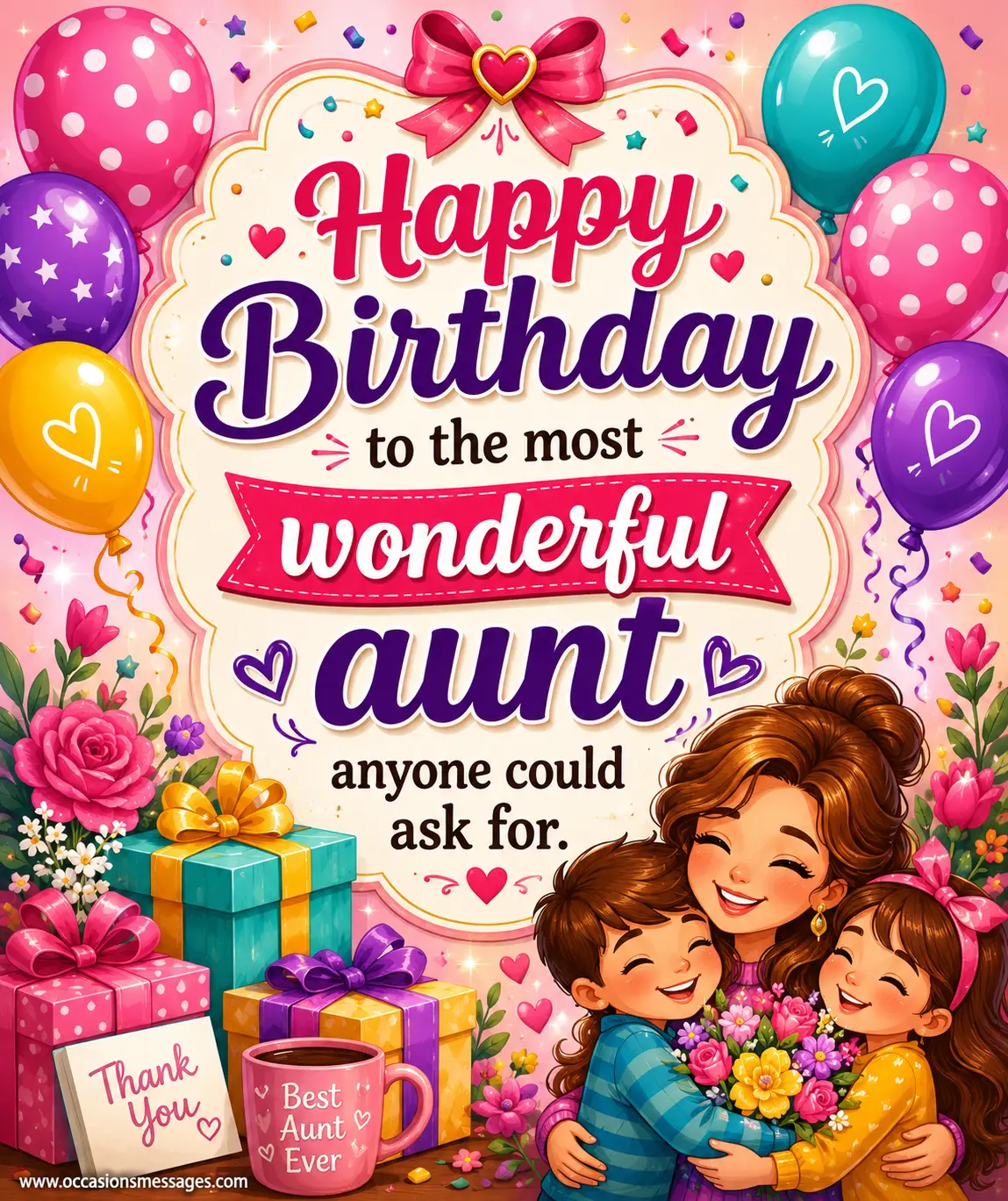 Colorful illustrated birthday celebration for a beloved aunt featuring balloons, gifts, confetti, and a heartfelt birthday quote expressing appreciation and love.