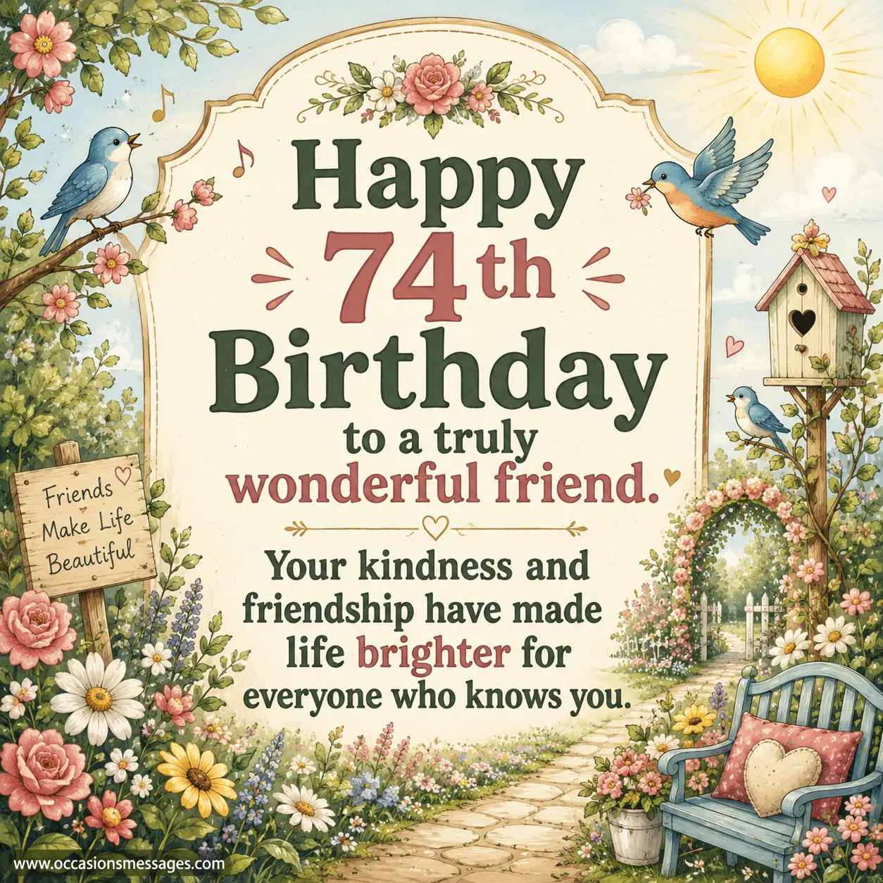 Storybook-style friendship birthday illustration highlighting gratitude for a wonderful friend whose kindness brightens many lives.