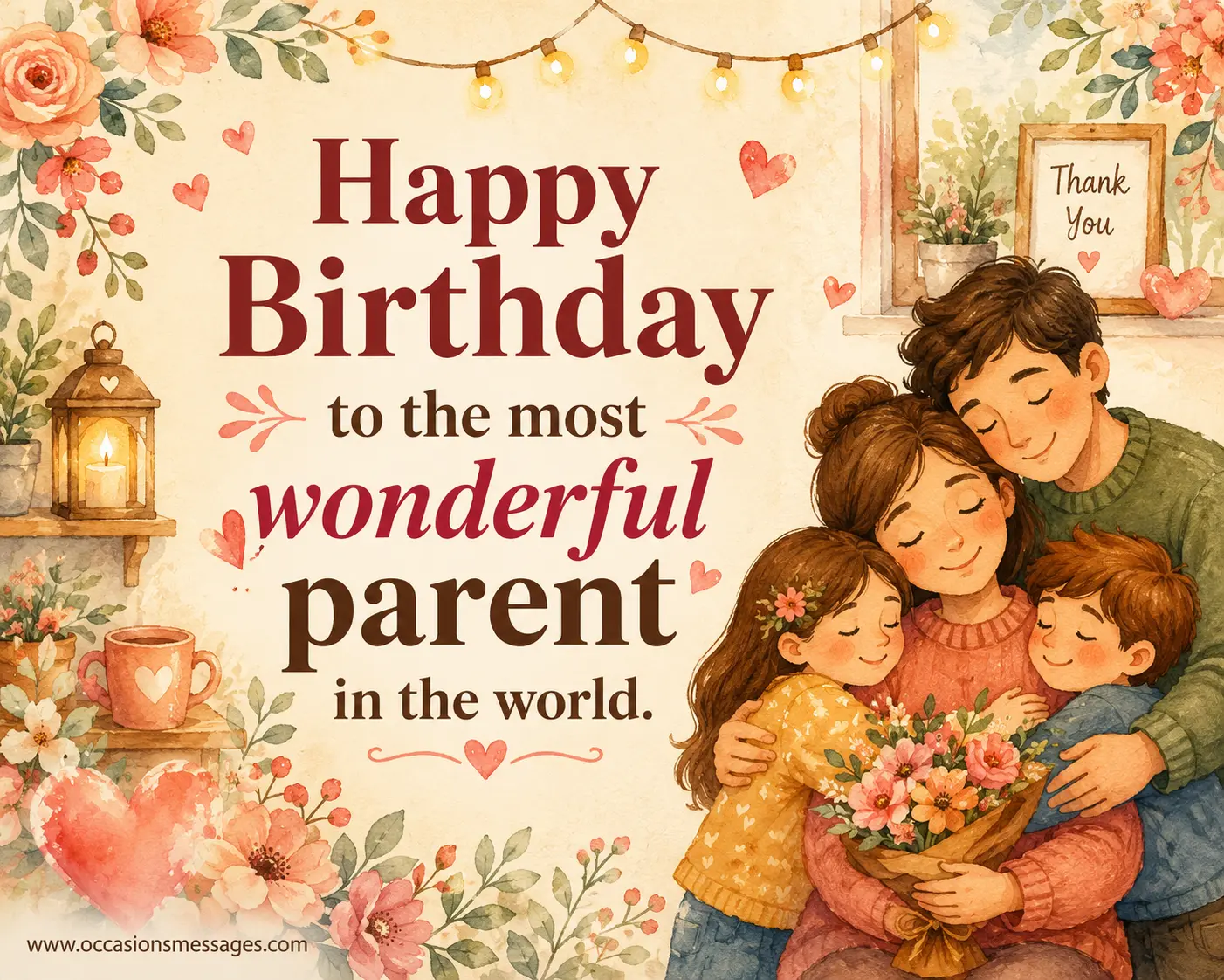 Warm watercolor family illustration honoring a wonderful parent with a loving birthday message and cozy decorative elements.