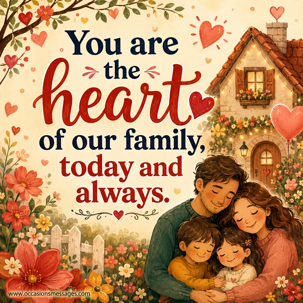 Cozy family-themed storybook illustration showing warmth and togetherness with a touching quote about being the heart of the family.