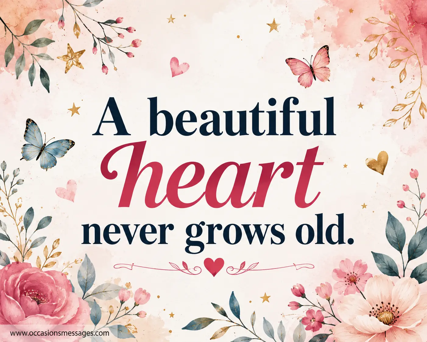Minimal watercolor-inspired birthday quote illustration with flowers, butterflies, and soft decorative elements celebrating the timeless message that a beautiful heart never grows old.