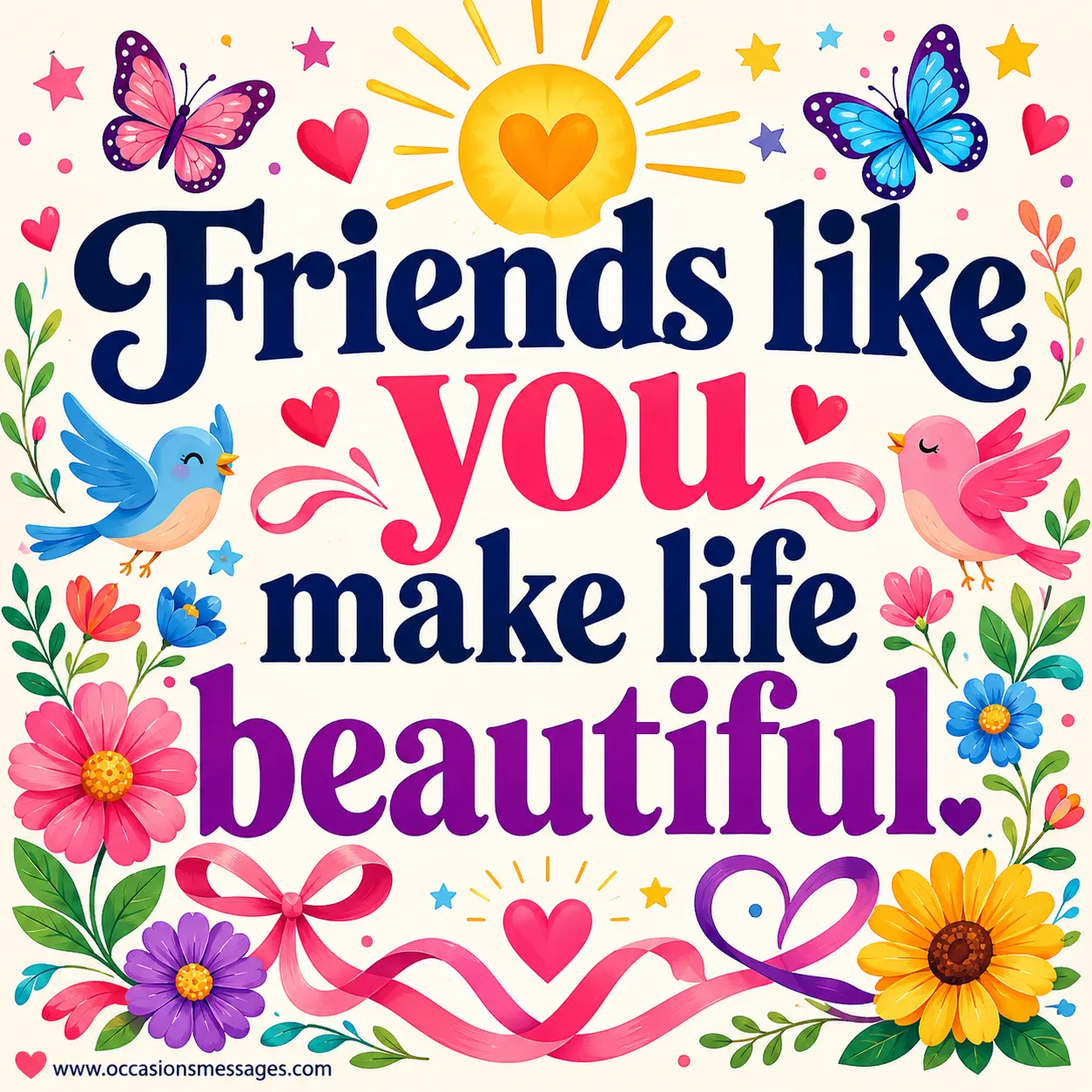 Colorful vector friendship illustration with flowers, hearts, and uplifting decorations celebrating how true friends make life more beautiful.