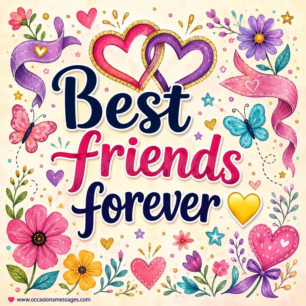 Whimsical hand-drawn friendship artwork with golden hearts, flowers, butterflies, and sparkles celebrating best friends forever with a warm uplifting quote.