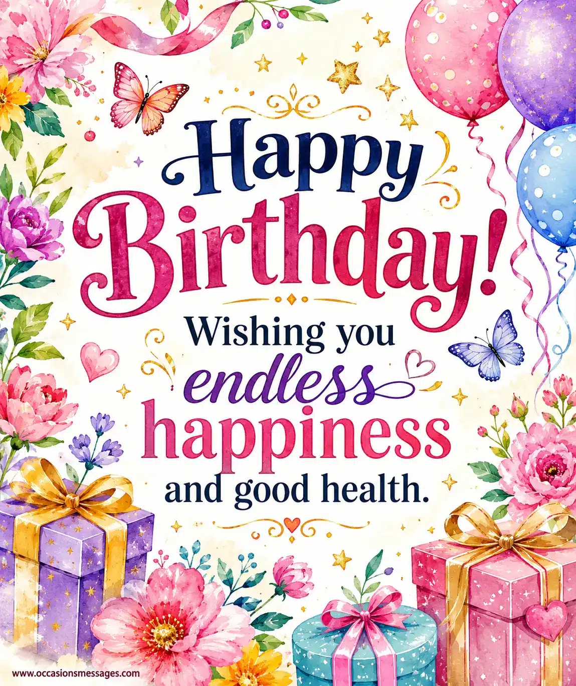 Whimsical illustrated birthday quote image with colorful flowers, balloons, and festive decorations celebrating happiness and good health for a friend's mother.