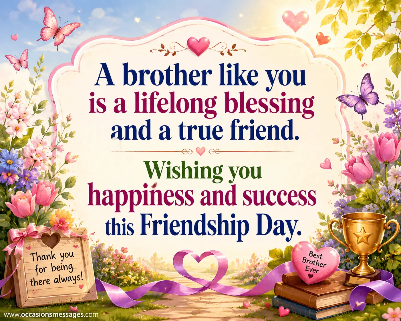 Pastel floral Friendship Day illustration celebrating a brother as a lifelong blessing and true friend while wishing happiness and success.