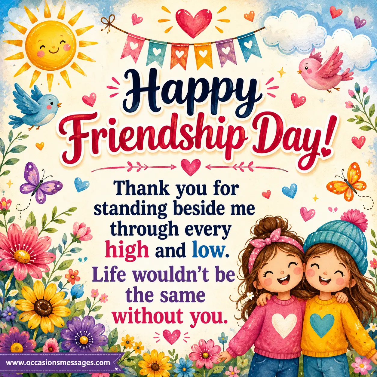 Whimsical illustrated Friendship Day scene featuring joyful friends, flowers, hearts, and an appreciation quote celebrating loyal friendship through every high and low.