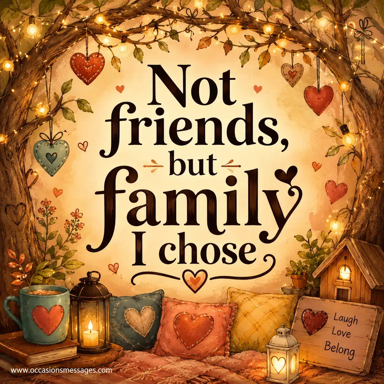 Warm hand-drawn illustration with hearts, intertwined branches, and cozy lights representing chosen family through friendship, featuring an uplifting Friendship Day quote for social media.