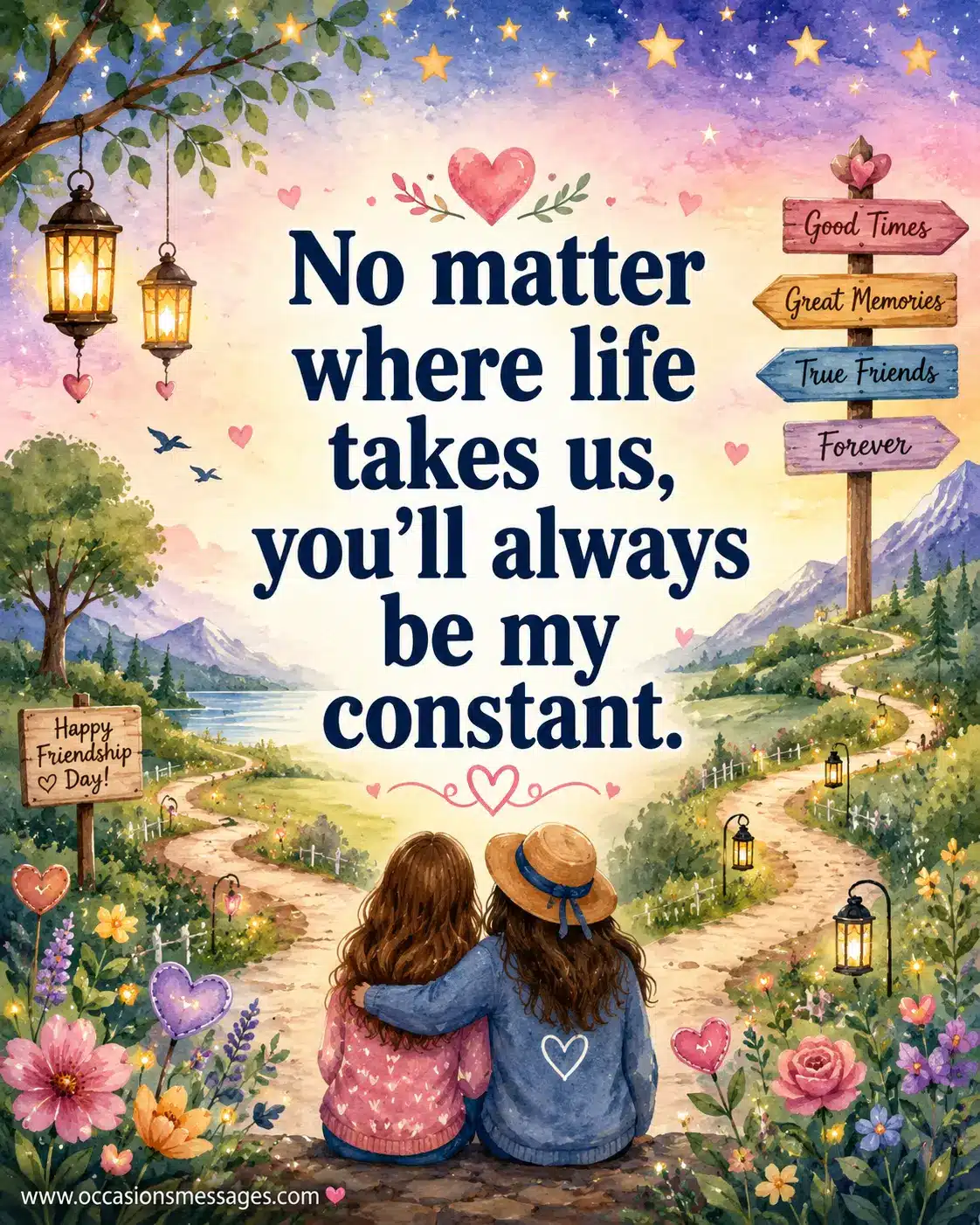 Watercolor friendship artwork with a symbolic journey and inspirational quote about remaining a constant friend through life's changes.