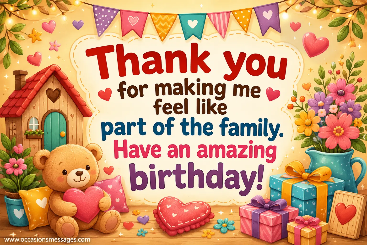 Warm illustrated birthday greeting with gifts, hearts, flowers, and welcoming decorations celebrating family-like love and appreciation for a friend's caring mother.