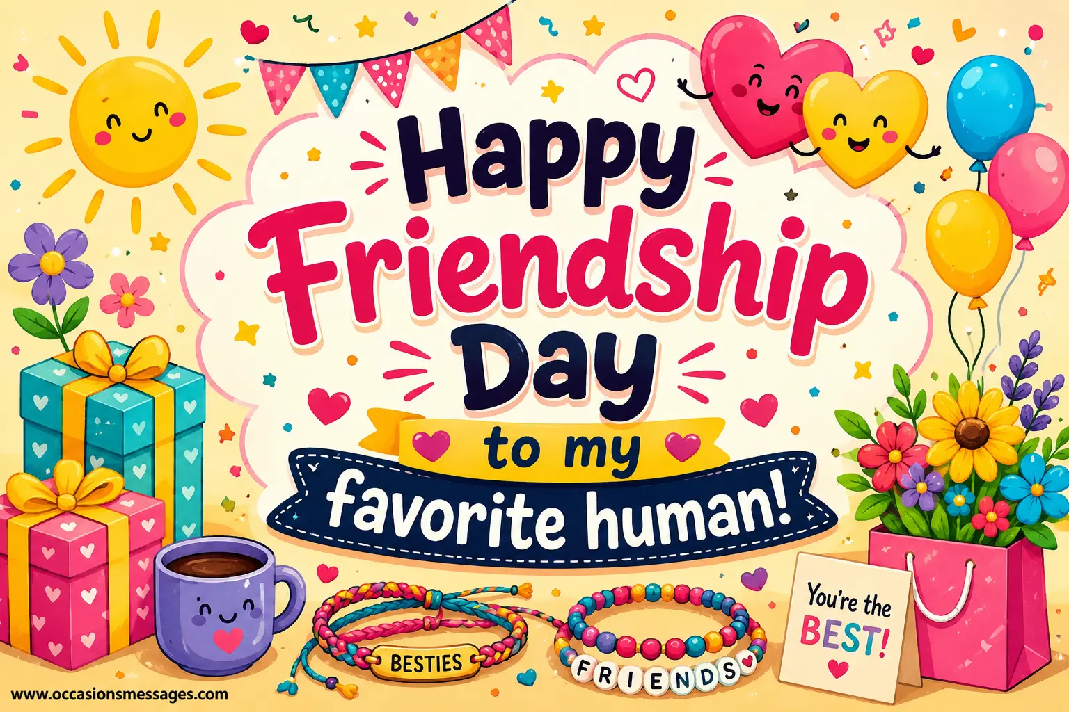 Festive Friendship Day illustration with balloons, hearts, flowers, and cheerful decorations celebrating a favorite friend through a bright inspirational quote.