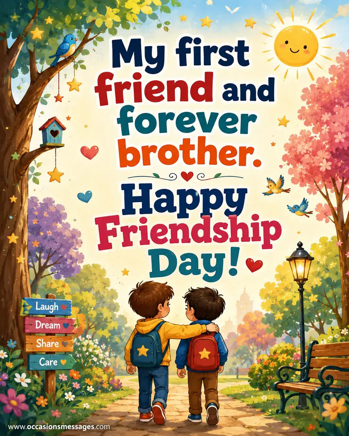 Children's book style Friendship Day illustration celebrating a brother as a first friend forever with cheerful nature elements and heartfelt typography.