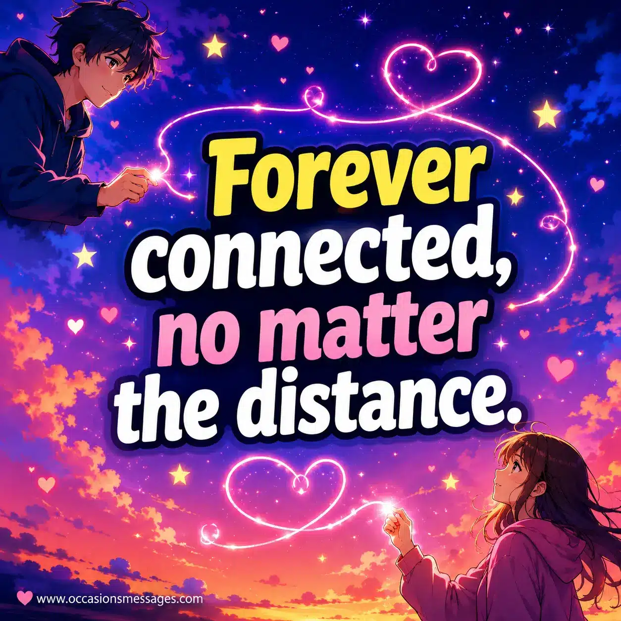 Vibrant anime-style friendship artwork with a magical connection stretching across the sky, symbolizing an unbreakable bond regardless of distance.