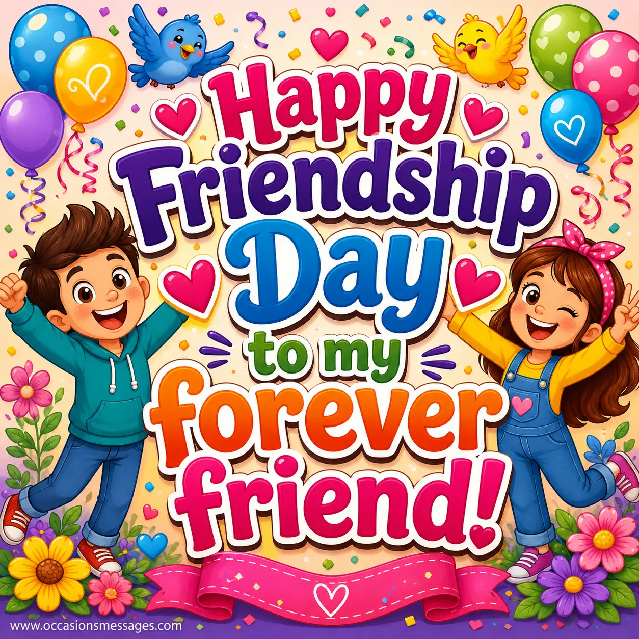 Bright cartoon Friendship Day illustration with festive decorations highlighting a heartfelt message for a forever friend.