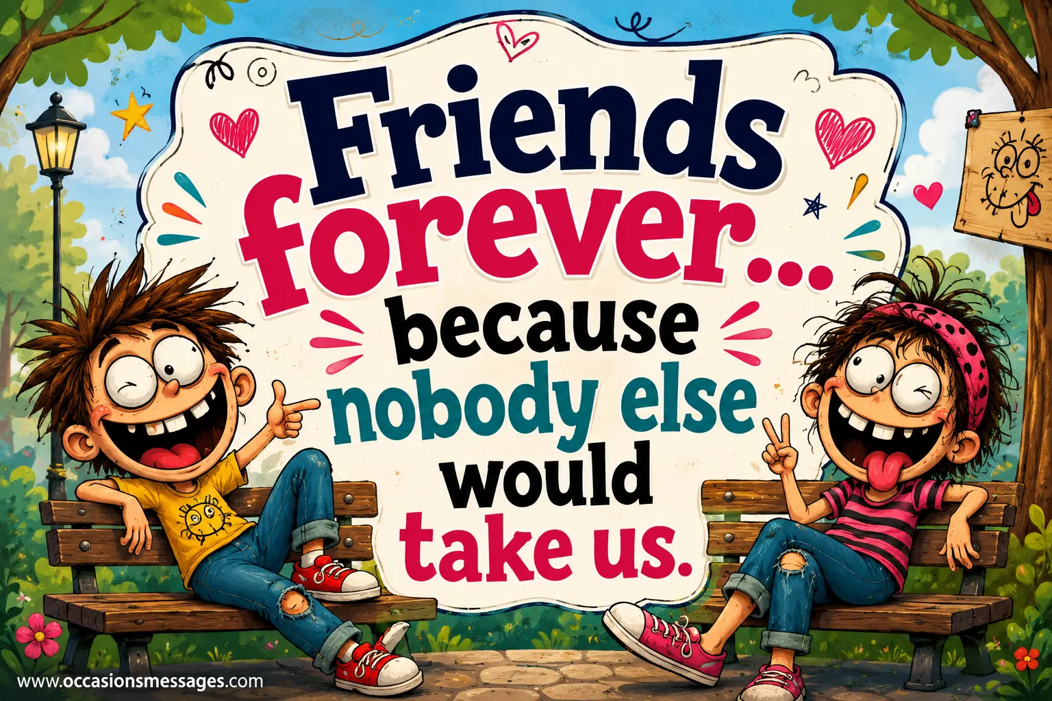 Whimsical friendship quote image showing two quirky friends on a bench celebrating a bond so unique that nobody else would take them.