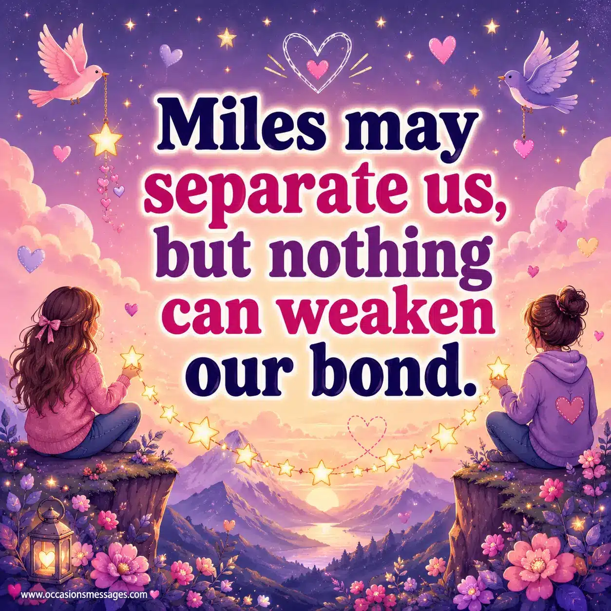 Dreamy pastel illustration of friends connected across long distances with stars and hearts, expressing an unbreakable friendship bond.