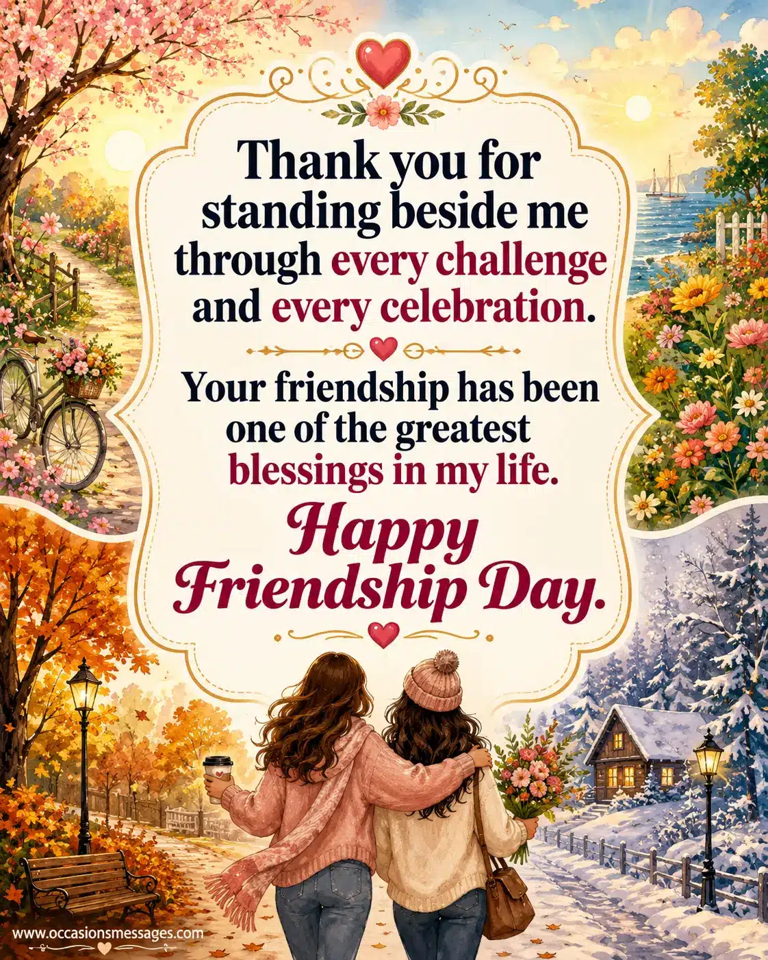 Stylized illustration of loyal friends supporting each other through every challenge and celebration with a heartfelt Friendship Day gratitude quote.