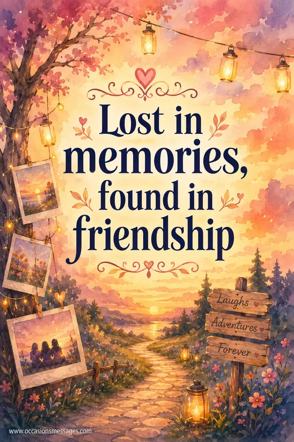 Dreamy watercolor illustration with a winding path, floating photo frames, glowing lanterns, and warm sunset colors symbolizing treasured memories and lifelong friendship in an elegant inspirational quote image.