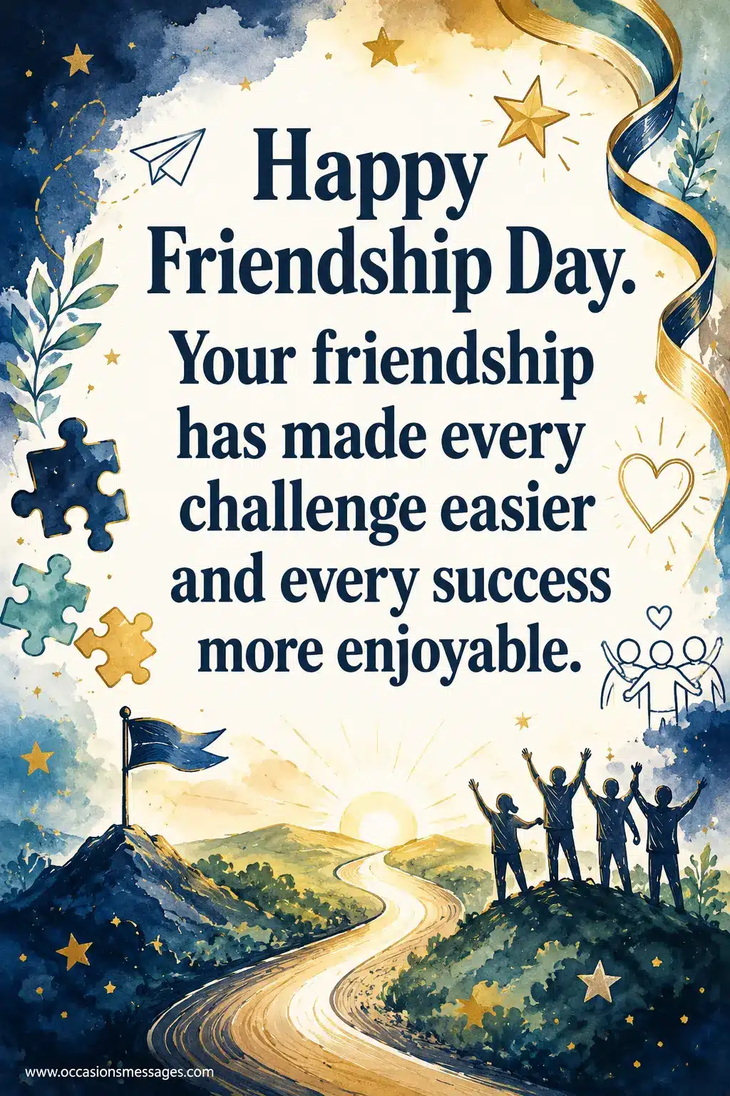 Artistic illustration of a symbolic journey showing friendship making workplace challenges easier and successes more meaningful.