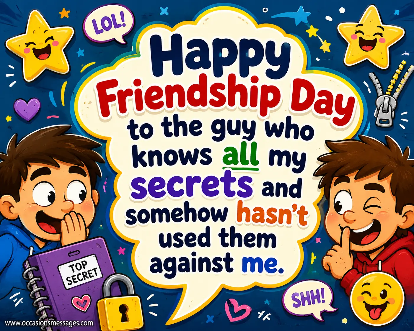 Fun cartoon Friendship Day quote image with playful secret-themed illustrations expressing the humorous bond shared between brothers and best friends.